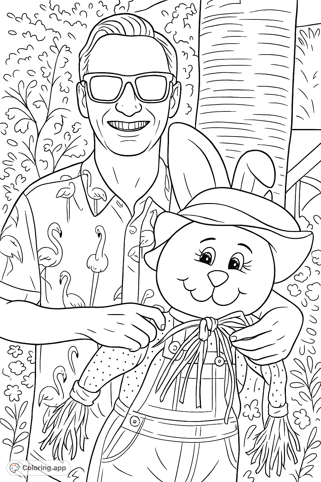 A cheerful man in a flamingo shirt holds a charming bunny doll, set against a lush outdoor backdrop. Perfect for a fun coloring experience.