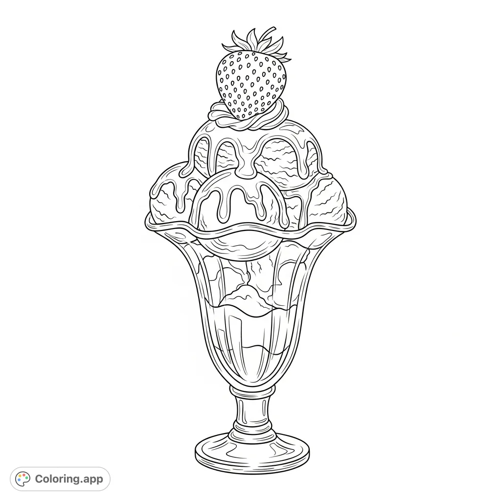 A delightful ice cream sundae coloring page featuring scoops of strawberry ice cream, rich chocolate sauce, and a fresh strawberry, perfect for sweet coloring fun.