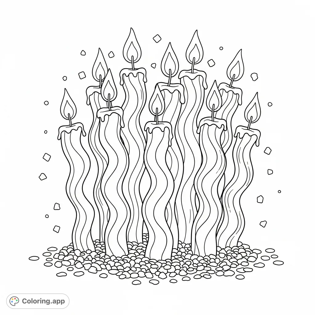 A delightful birthday coloring page featuring a festive group of wavy candles with scattered glitter, perfect for celebrating special moments.
