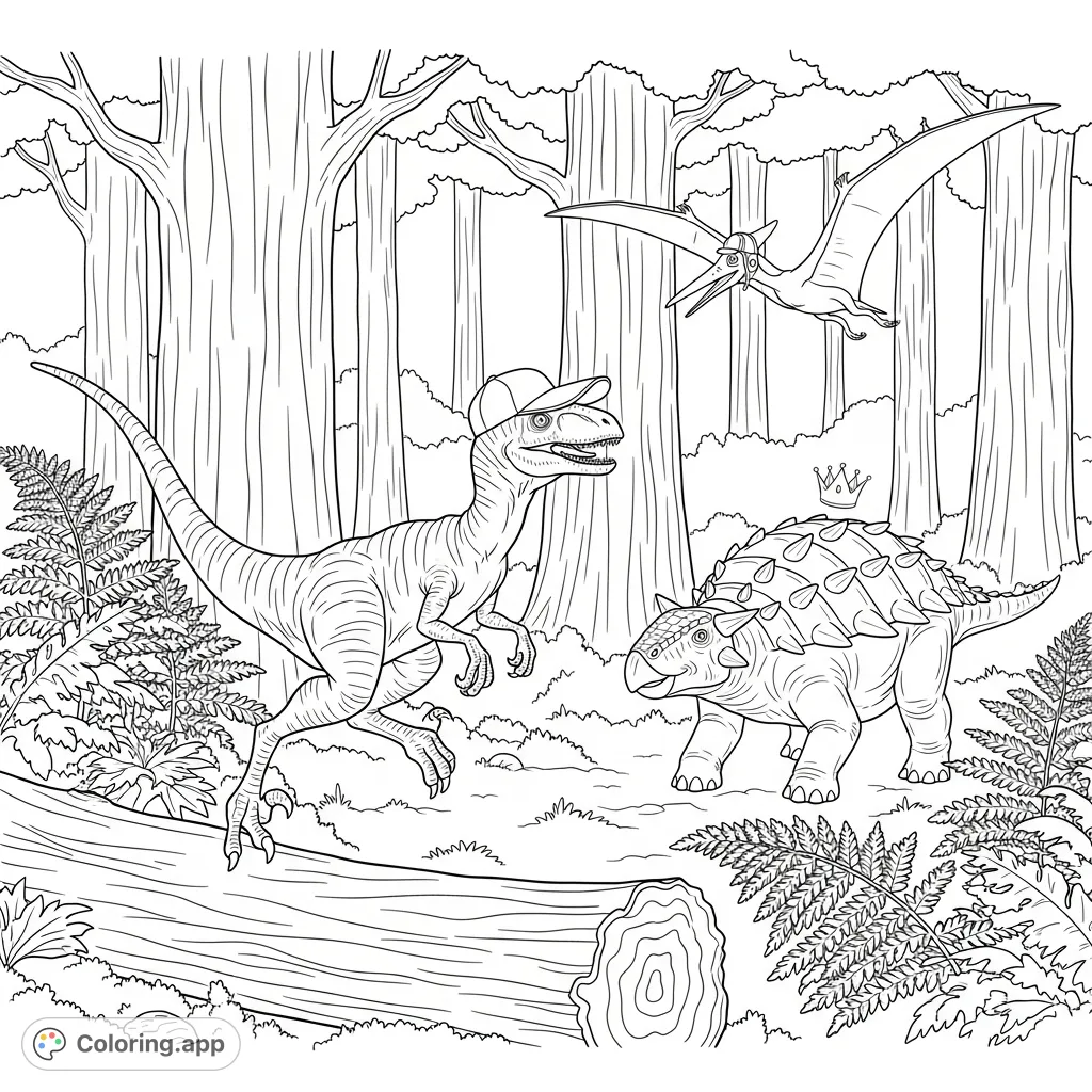 An exciting dinosaur coloring page featuring a Velociraptor, Ankylosaurus, and Pterodactyl in a playful chase through a dense prehistoric forest.