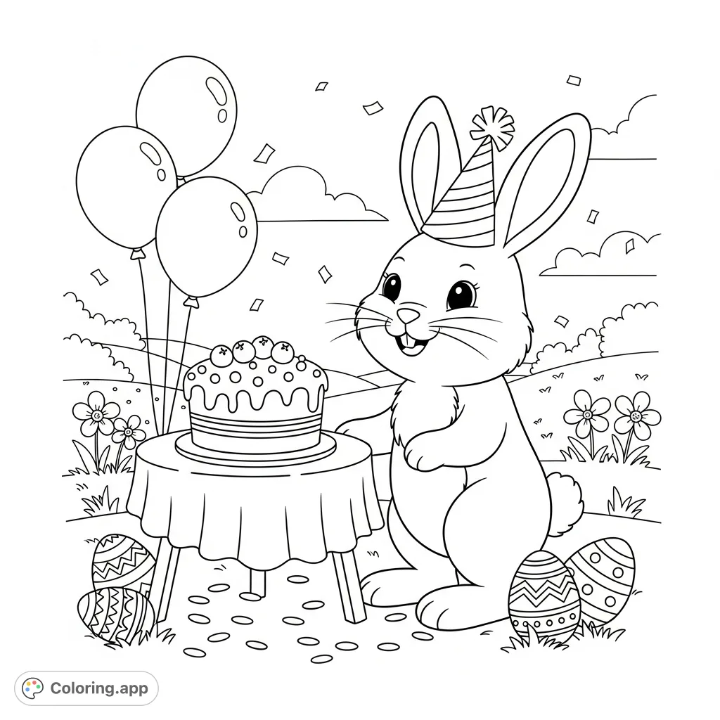 A charming rabbit celebrates Easter with a festive party, complete with a decorated cake, balloons, and scattered eggs. A joyful spring scene for coloring fun.