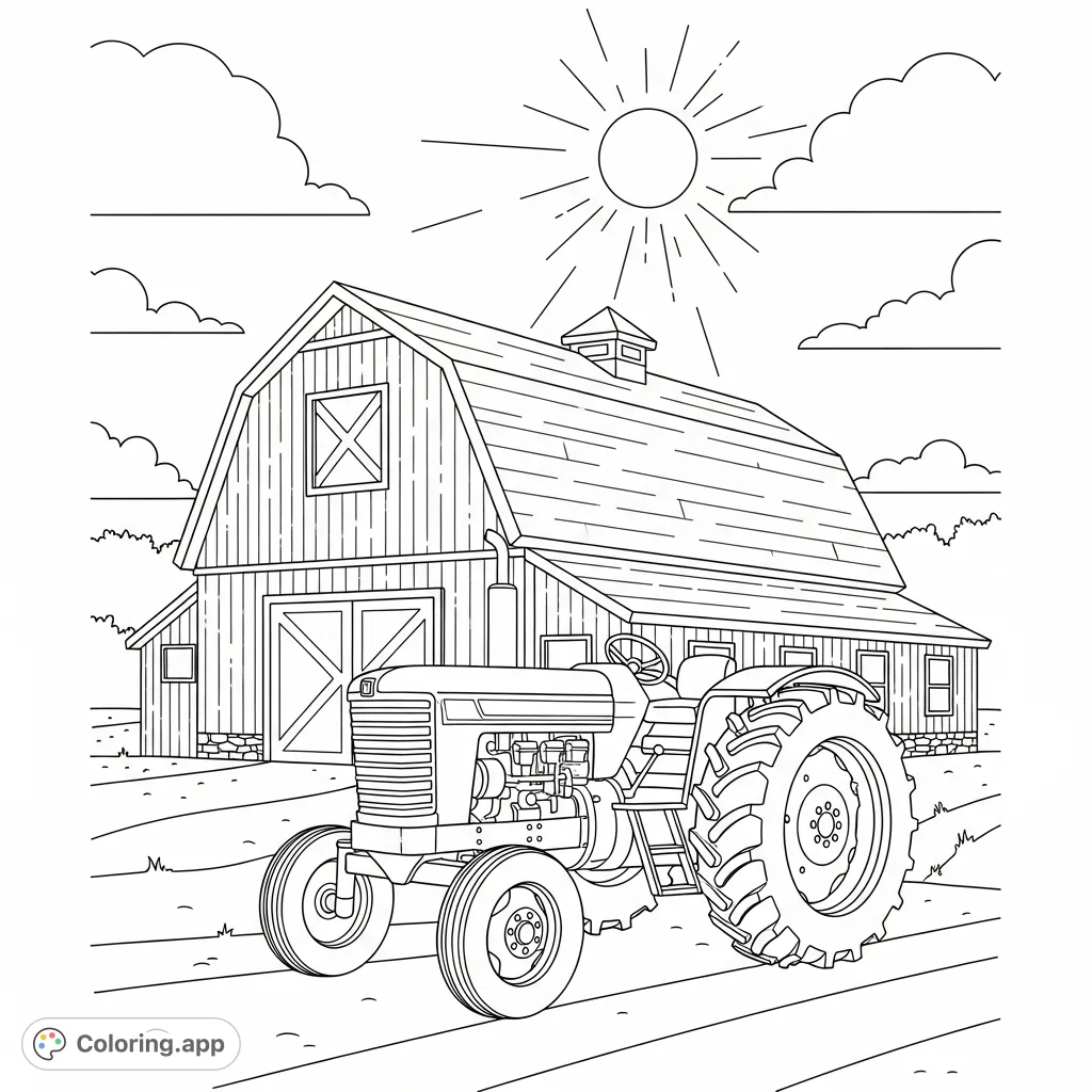 A charming farm scene featuring a sturdy barn, a powerful tractor, and a bright sun. Perfect for a relaxing and creative coloring experience.