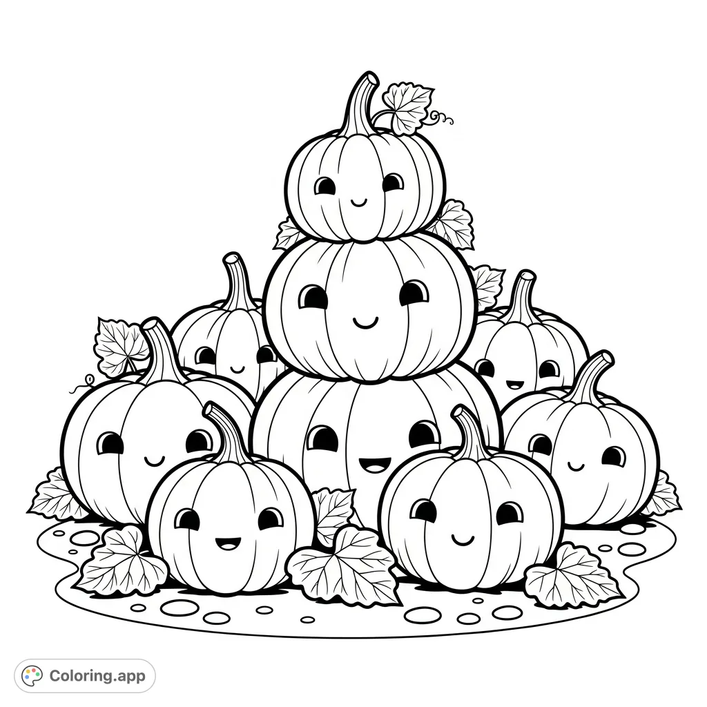 A delightful pumpkin patch scene featuring cheerful, round pumpkins with friendly faces, perfect for young artists to explore shapes and creativity.