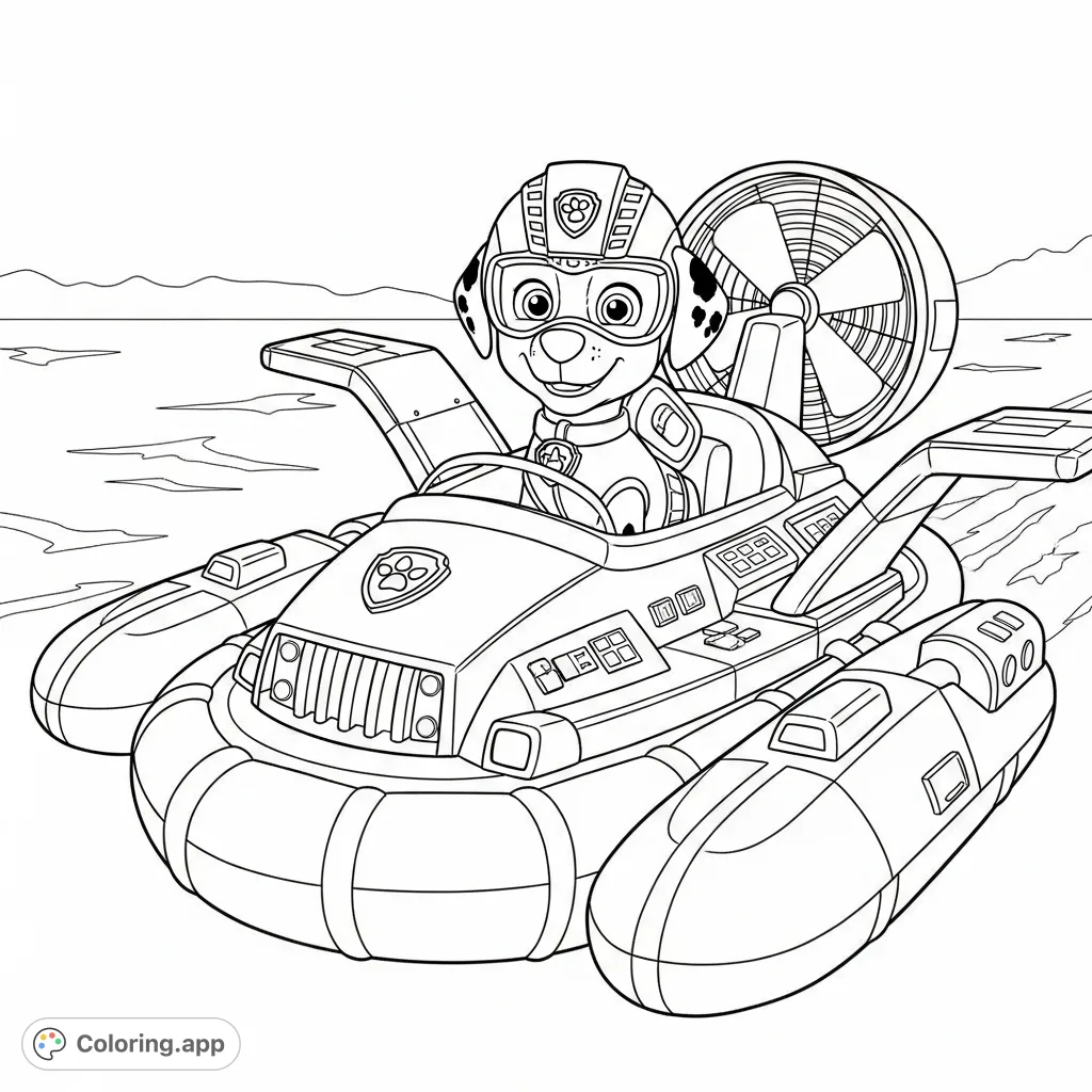 Dive into adventure with Zuma from Paw Patrol! This free printable coloring page features the water rescue pup in his iconic hovercraft, ready for action.