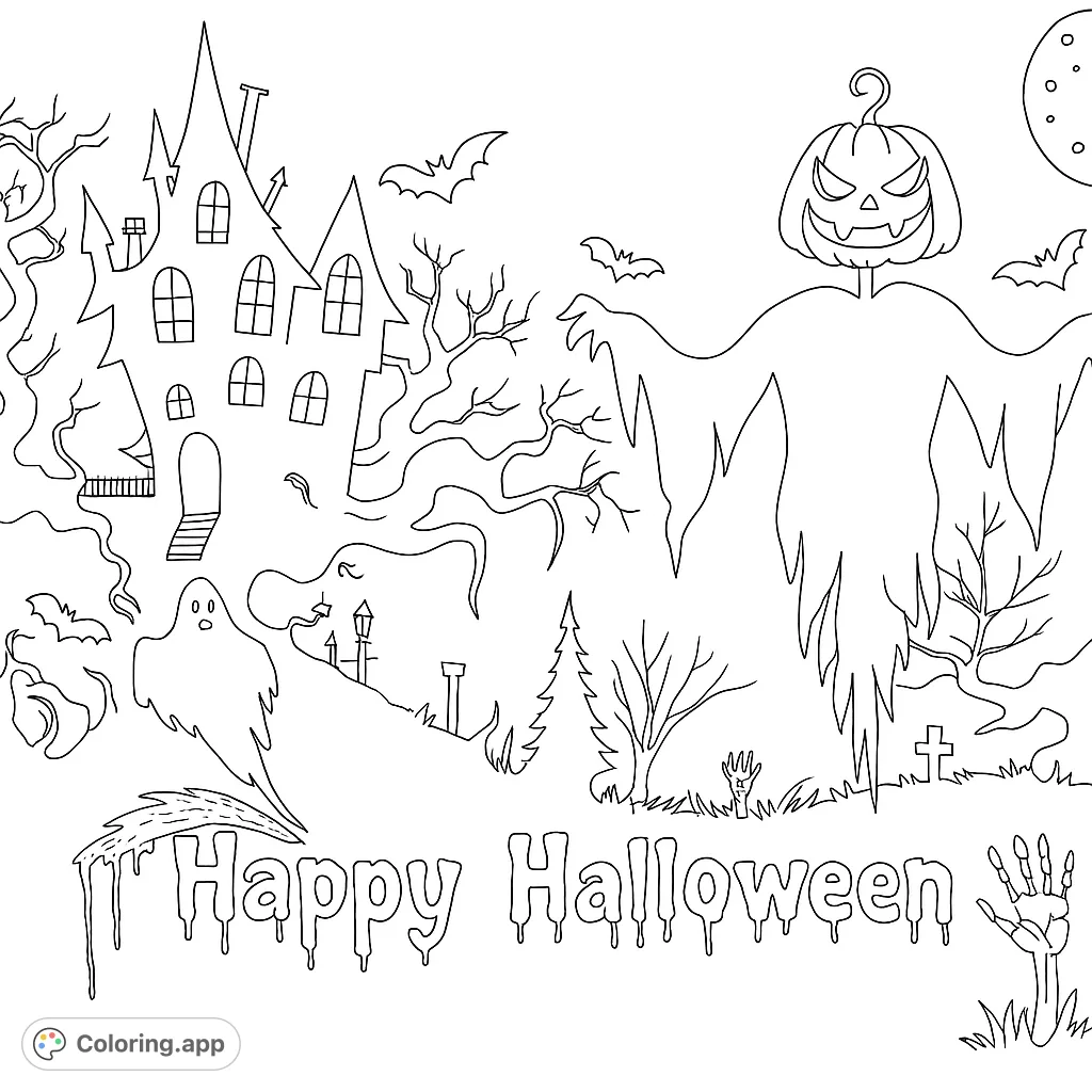 A spooky Halloween scene featuring a haunted house, a pumpkin-headed scarecrow, flying bats, and a ghostly figure amidst gnarled trees and gravestones.