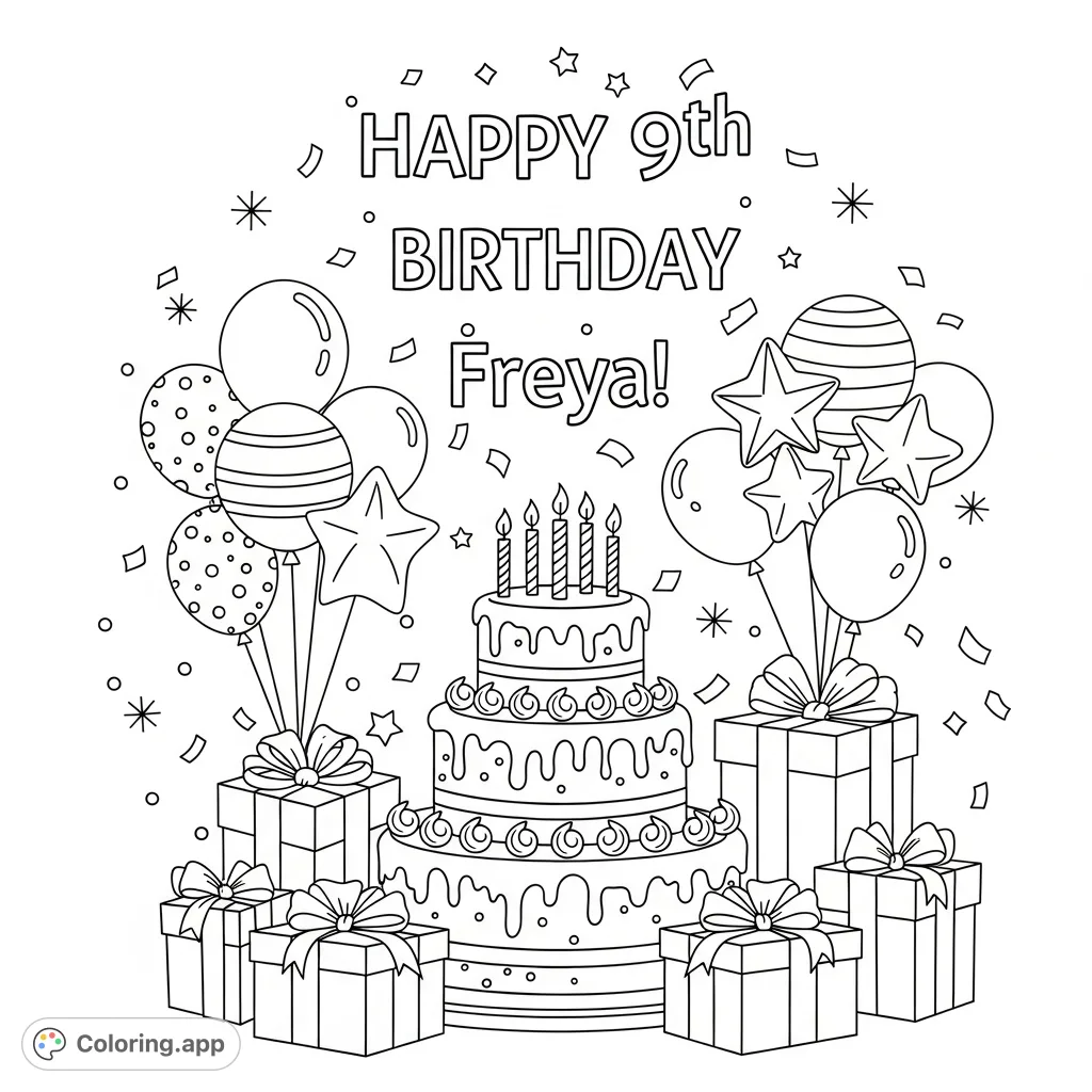 A delightful 9th birthday card for Freya, featuring a festive cake, balloons, presents, and "Happy 9th Birthday Freya!" text for a special day.