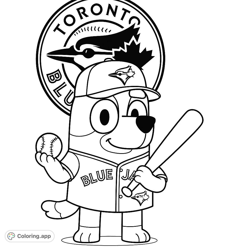 A beloved cartoon dog character, Bluey, dressed as a baseball player, holding a bat and ball with a team logo in the background. A fun, sporty coloring page!
