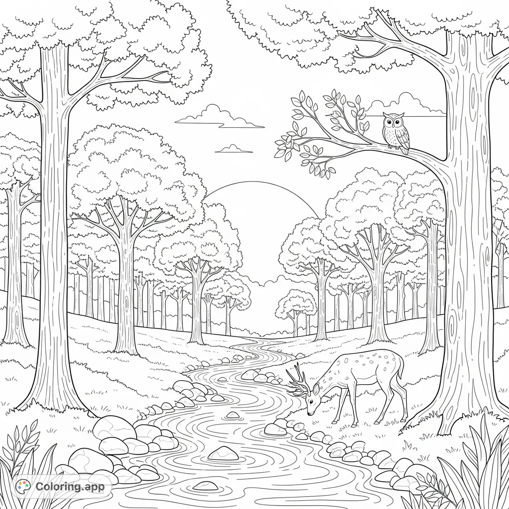 Explore a tranquil forest with a winding creek, majestic trees, and gentle wildlife under a dramatic sky. A perfect free printable forest coloring page.