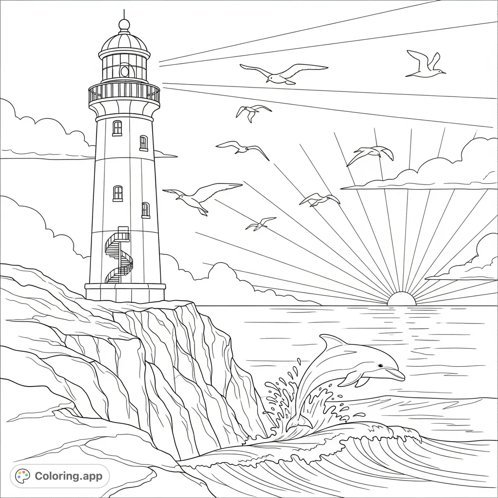 Explore a majestic lighthouse on a rugged cliff overlooking the ocean. Witness a dolphin leaping from waves and birds soaring under a rising sun. A serene scene.