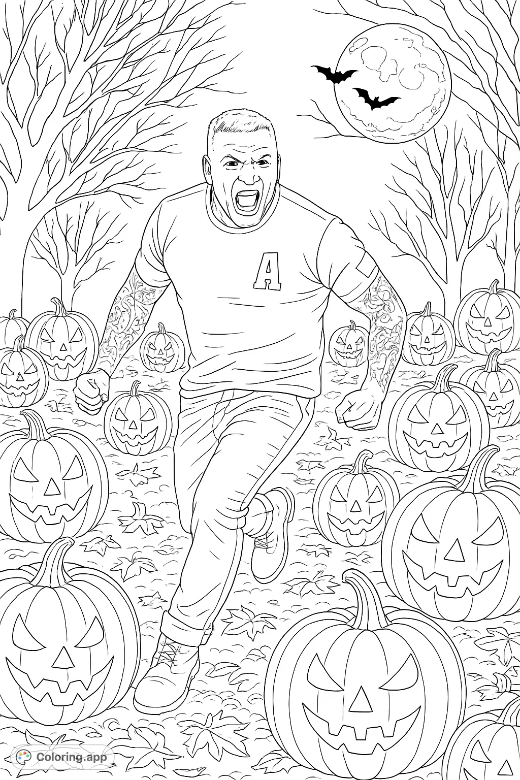 An intense Halloween scene featuring a man running through a field of carved pumpkins under a full celestial body, with bare trees and flying creatures.