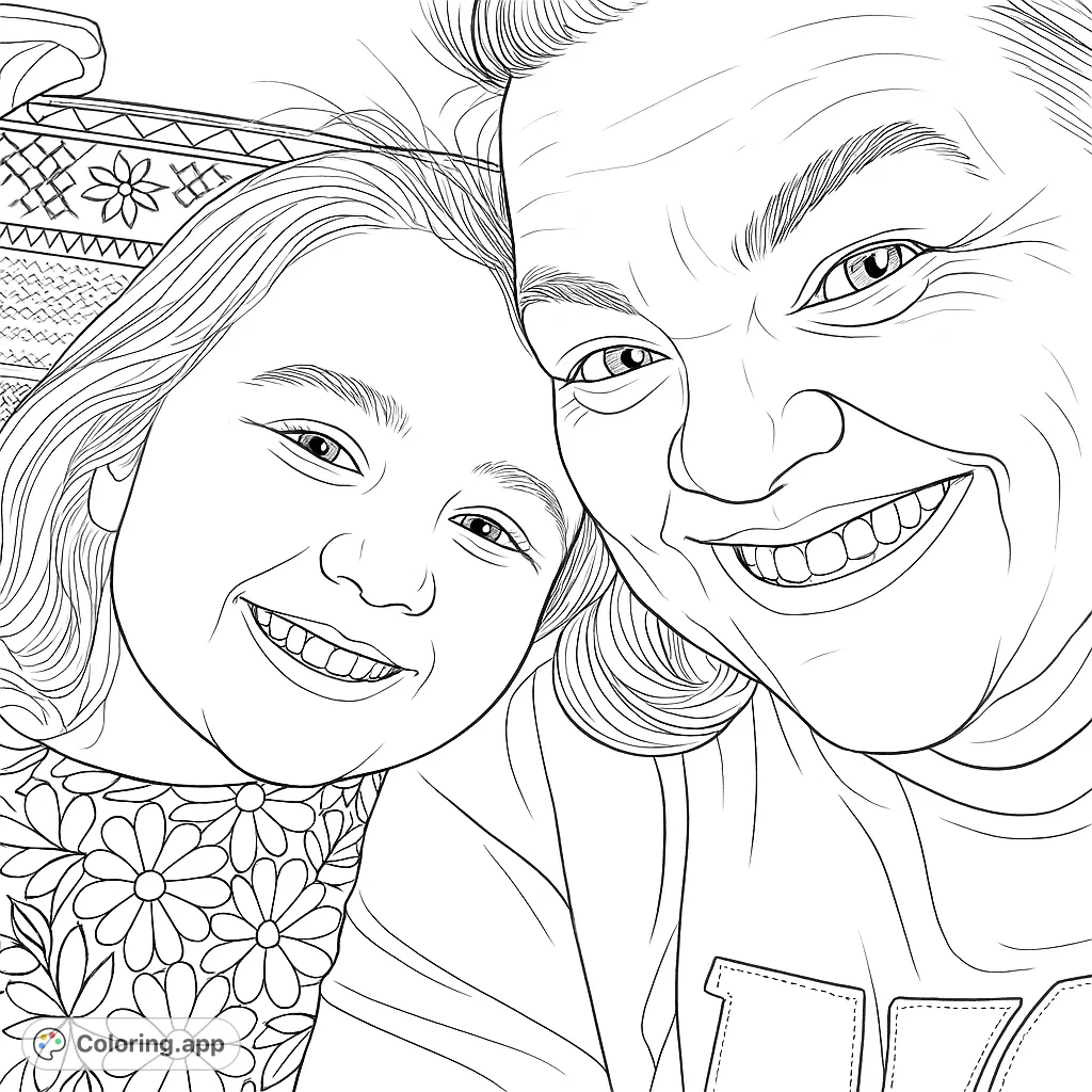 Capture a heartwarming moment between a woman and a child. This family portrait coloring page features two smiling faces and intricate clothing details.