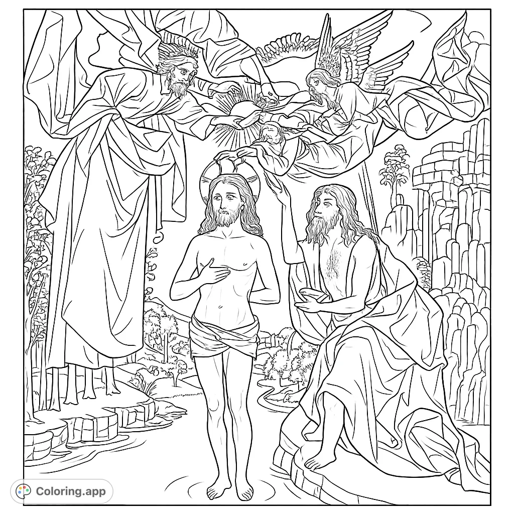 An intricate religious coloring page depicting a sacred baptism scene with two central figures, celestial beings, and a serene landscape.