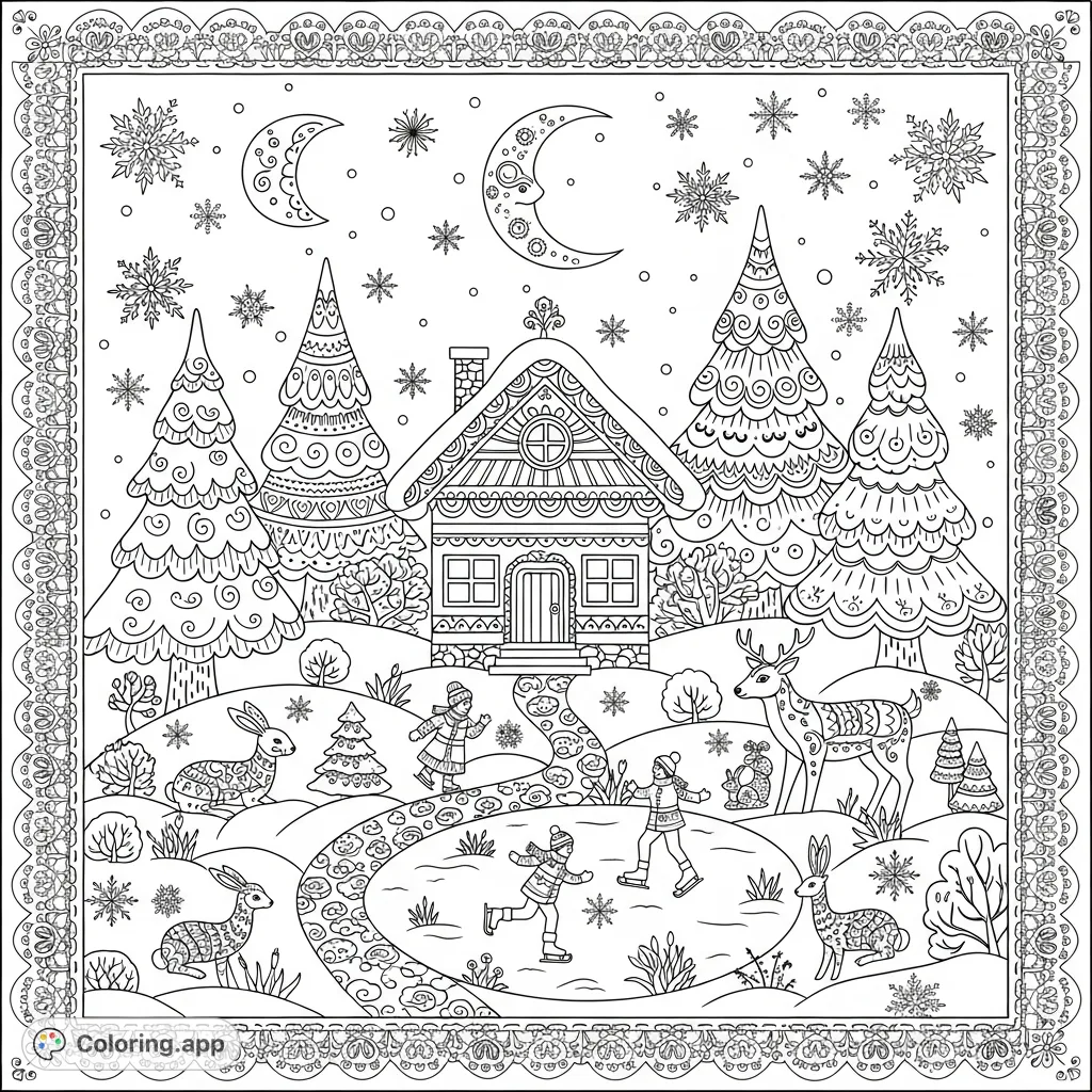 Immerse yourself in a charming winter folk art scene, featuring a patterned house, stylized trees, ice skaters, and whimsical animals amidst snowflakes.