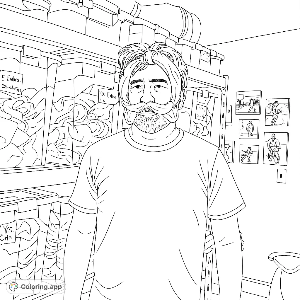 A humorous coloring page featuring a man with a whimsical fabric beard and mustache, standing in a storage room. Perfect for a fun, creative coloring session.