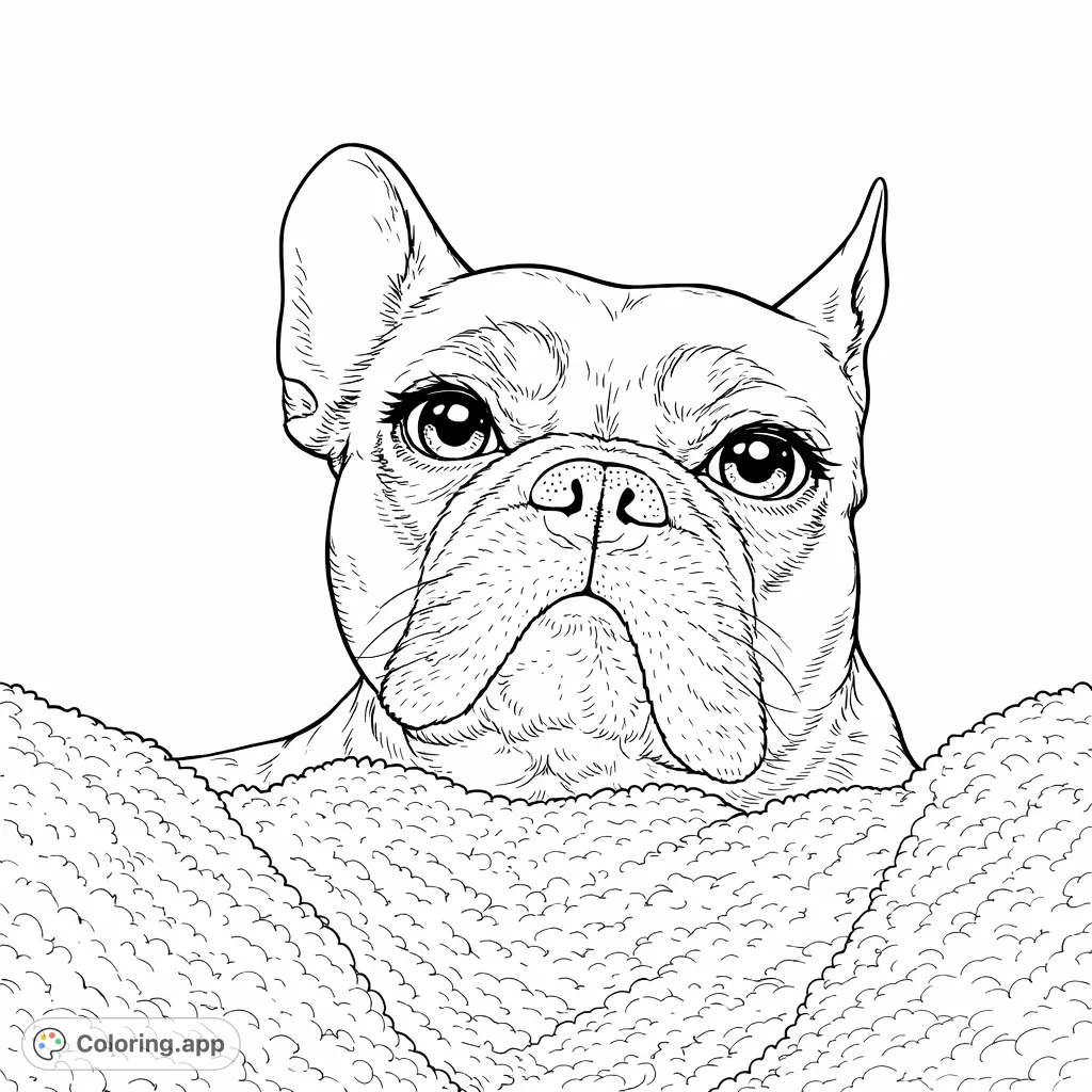 Color a detailed, anime-inspired French Bulldog with characteristic eyes and expressions. A free printable coloring page for pet lovers and aspiring artists.