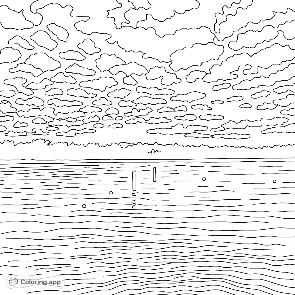 A serene lake scene at dusk, featuring rippling water, distant trees, and a sky full of textured clouds. Perfect for a calming coloring experience.