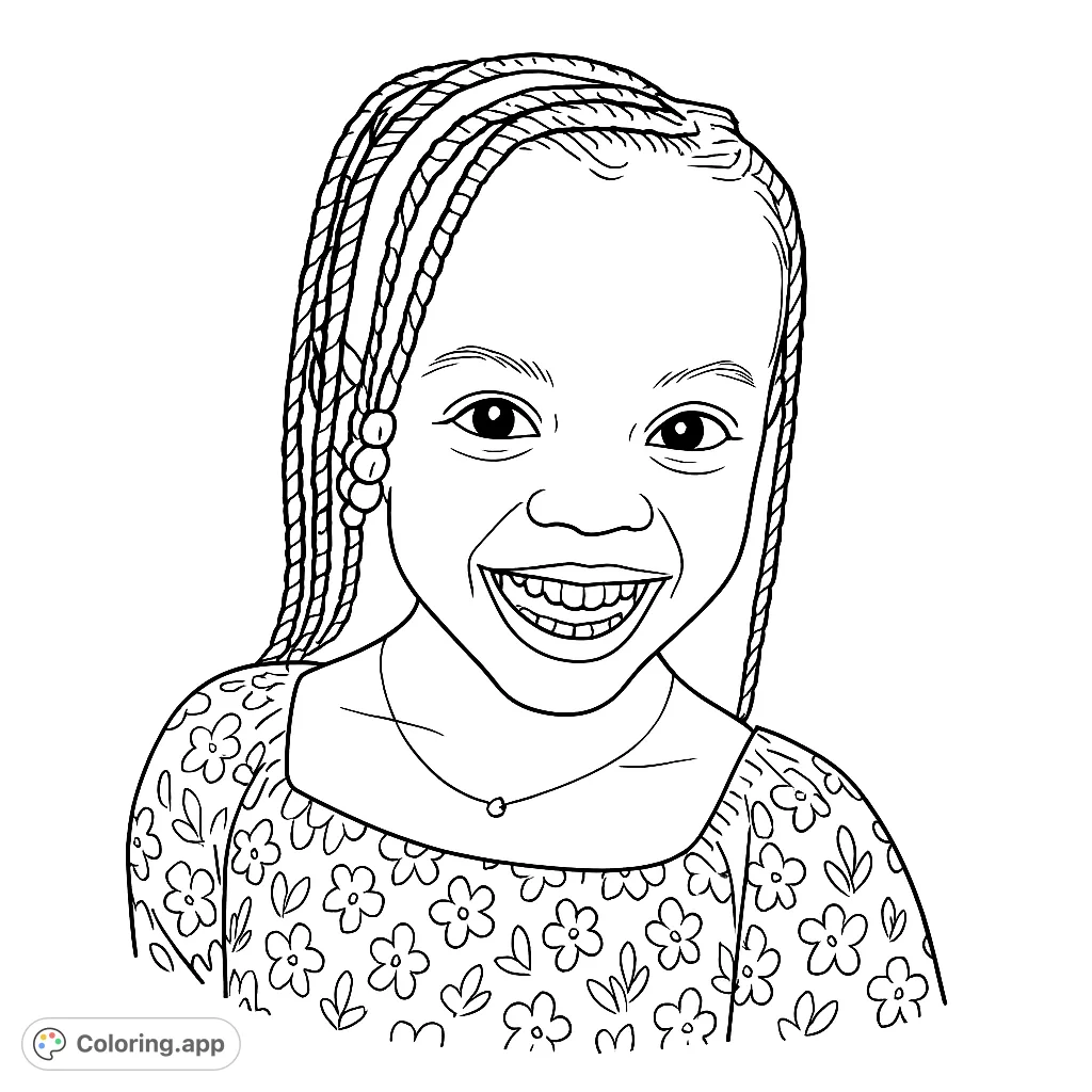 A delightful child portrait coloring page featuring a broadly smiling child with braided hair and a floral-patterned top. Perfect for all ages!
