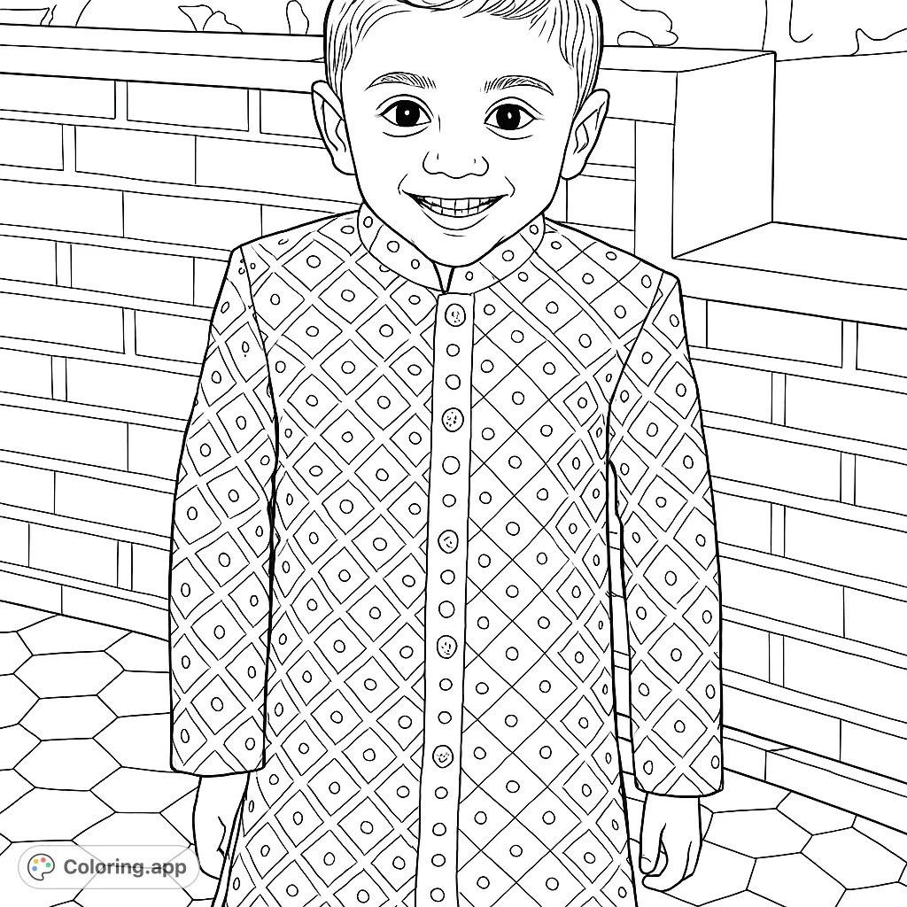 A charming boy in intricate traditional attire, featuring detailed patterns and a joyful smile, set against a textured background. Perfect for cultural exploration.