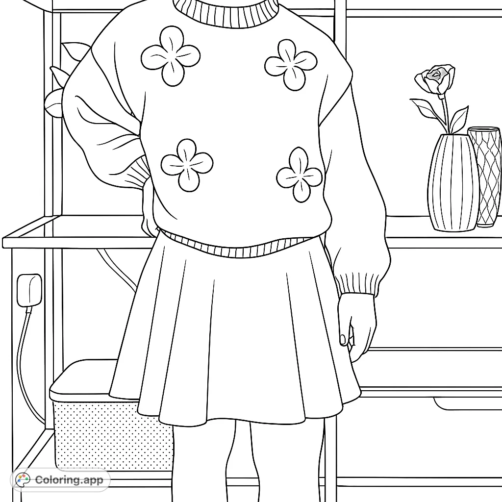 A charming coloring page featuring a child in a textured sweater adorned with butterfly appliques and a flared skirt, set against a decorative background.