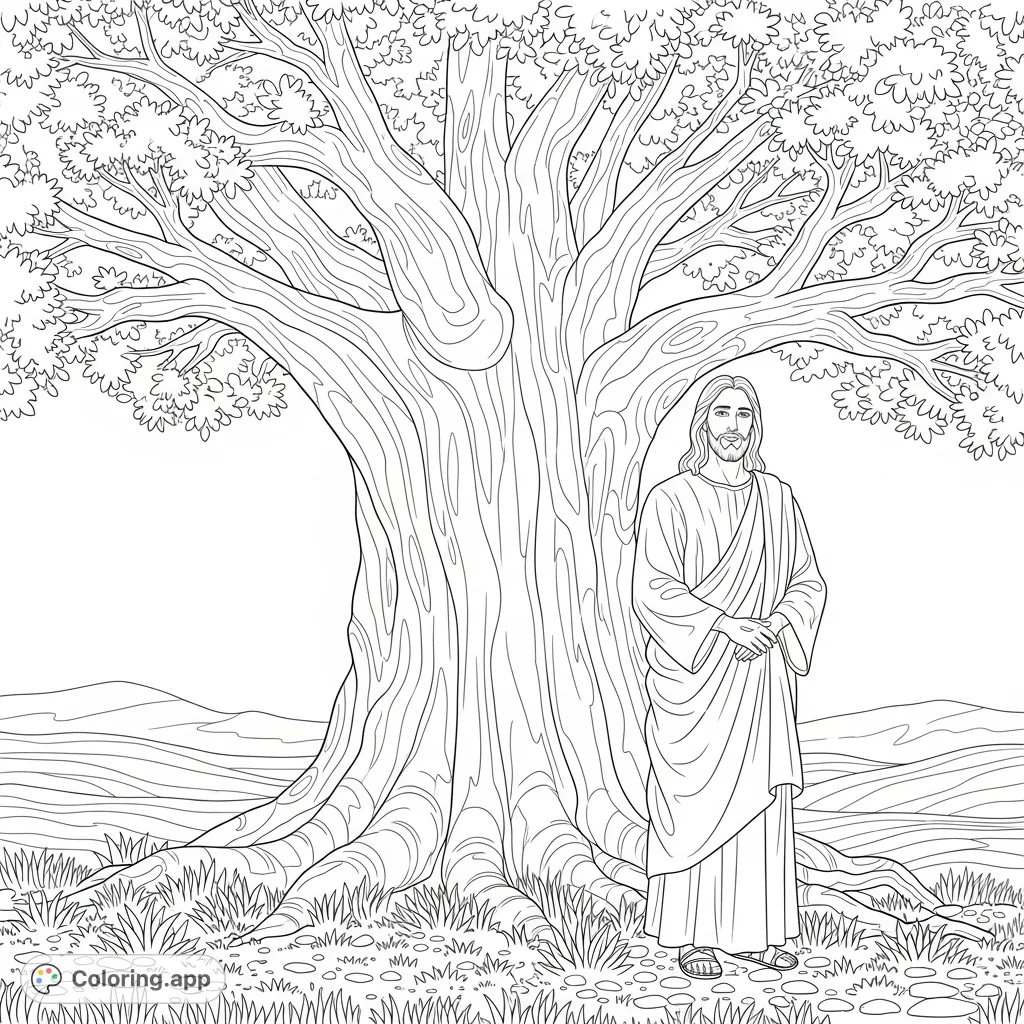 A serene depiction of Jesus standing peacefully beside a grand, ancient tree, inviting reflection and creative expression through coloring.
