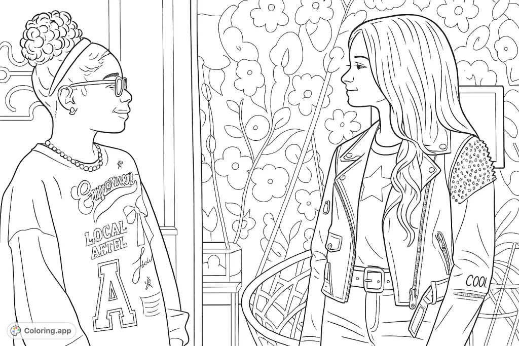 Capture a moment between two stylish young women with unique fashion. Perfect for teens and adults who love modern character designs.