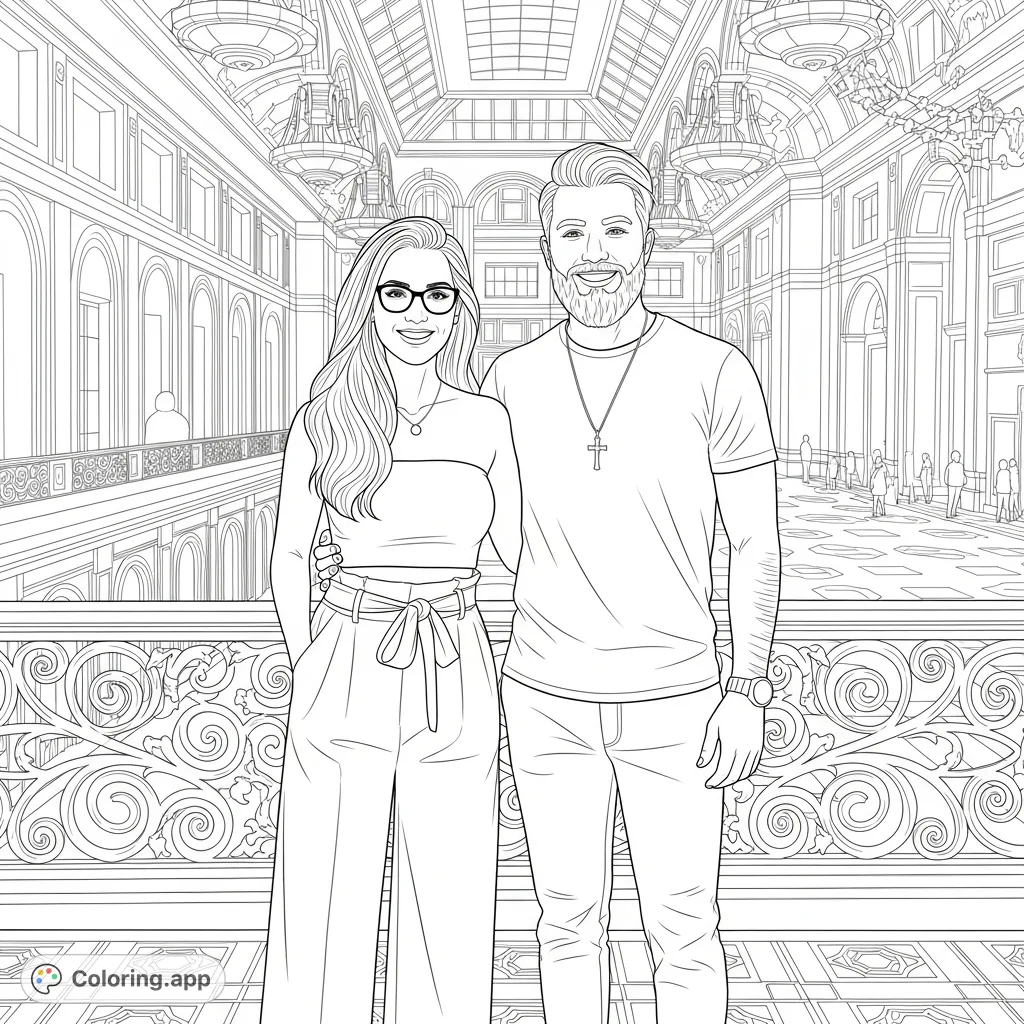 An elegant couple smiles in a lavish indoor setting, featuring intricate architectural details, geometric floor patterns, and decorative foreground elements. A sophisticated coloring page.