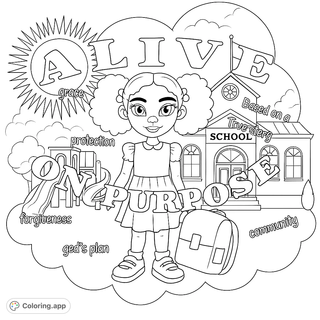 A cheerful girl stands between a school and a playground, ready for a day of learning and fun. Perfect for young colorists to explore school life and play.