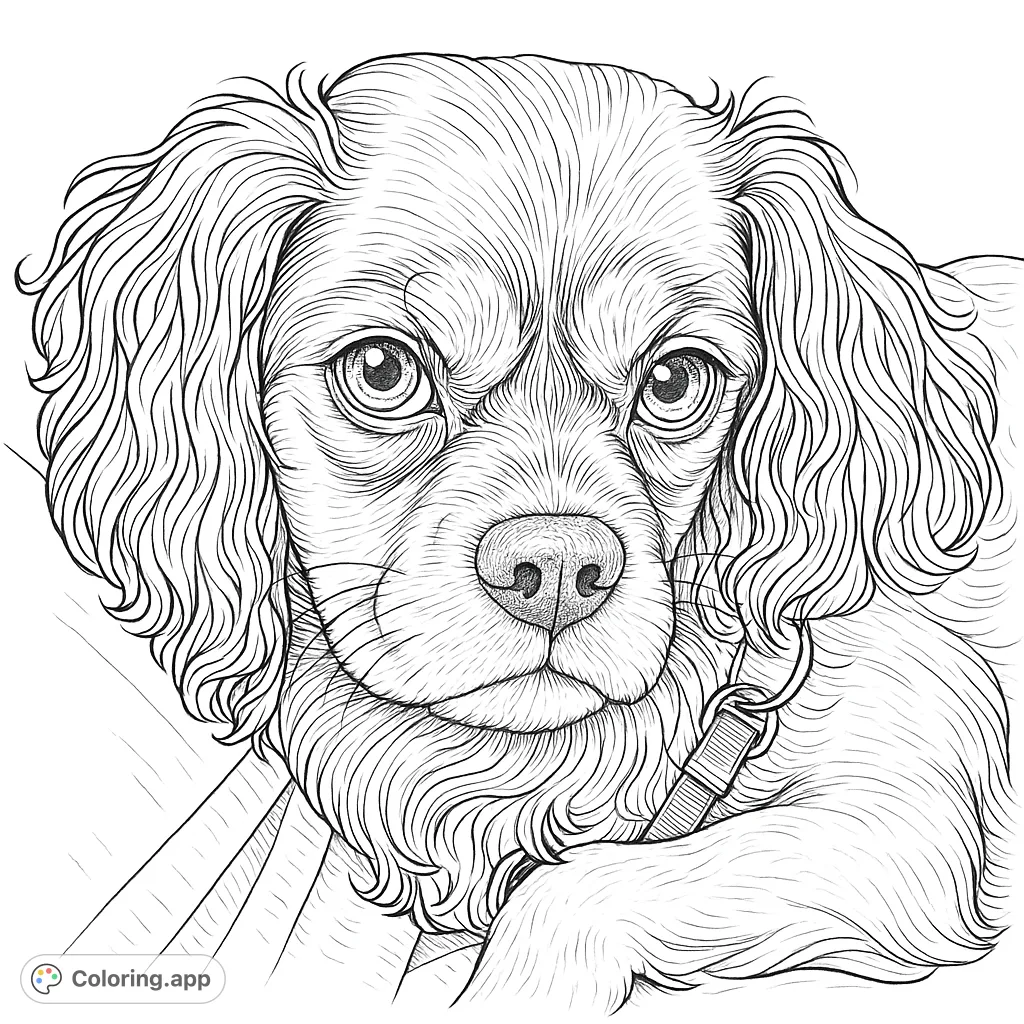A detailed coloring page featuring an expressive dog portrait, perfect for animal lovers. Capture the unique fur patterns and soulful eyes of this charming canine.