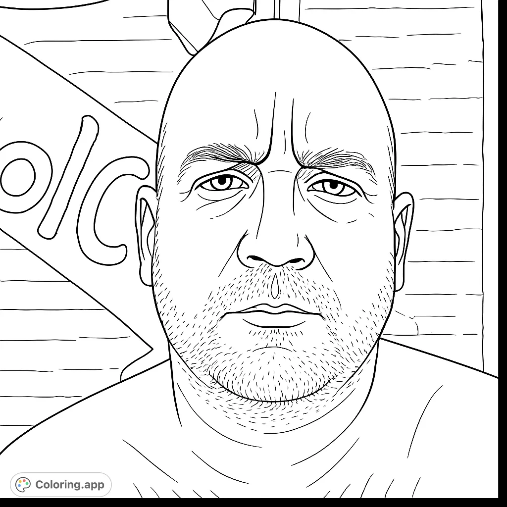 A striking portrait of a bald man with a thoughtful expression and textured beard, set against an abstract background. Perfect for adult colorists.