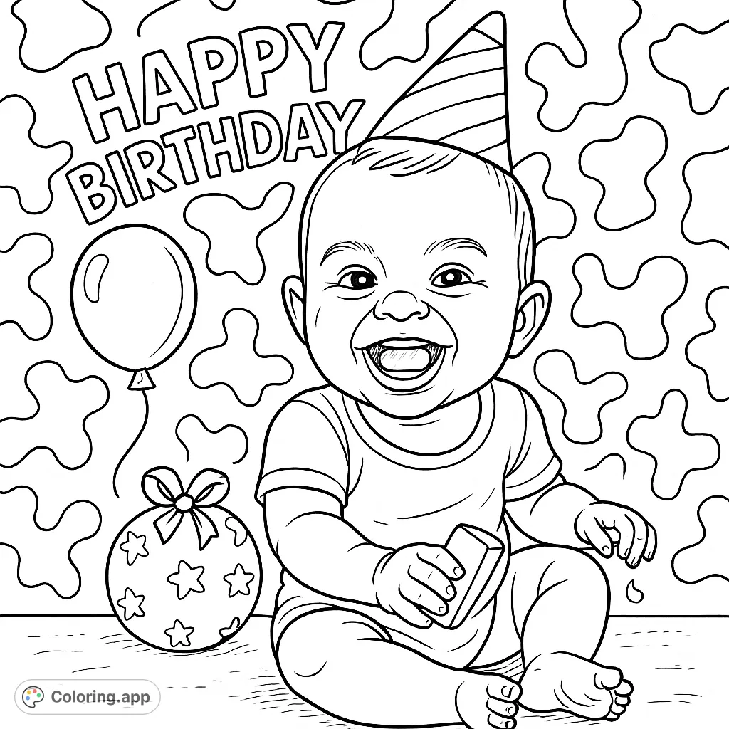 A joyful baby in a party hat, surrounded by birthday decorations and a playful cowprint background. A hand-drawn sketch for a fun, free printable coloring page.