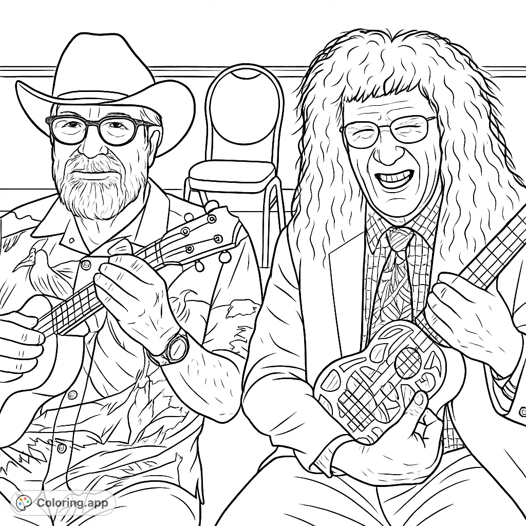 Two cheerful musicians, one in a cowboy hat and the other in a wild wig, playing ukuleles with big smiles. A fun, lively scene for coloring.