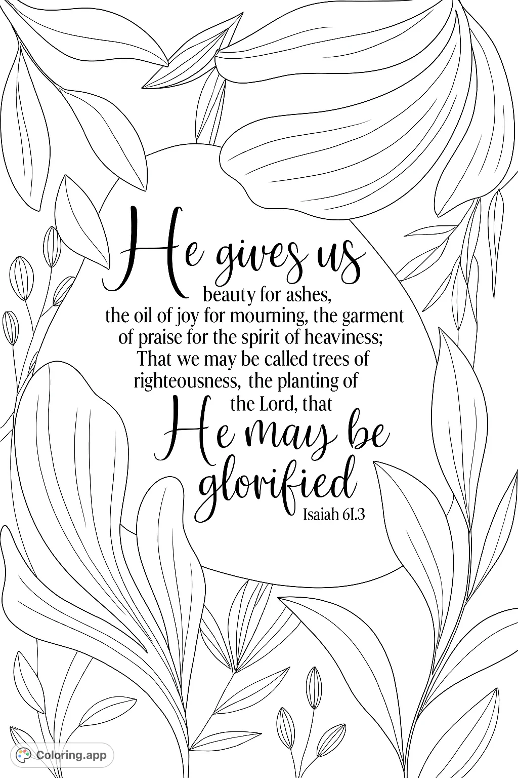 An inspiring scriptural verse framed by elegant botanical shapes and delicate line art, offering a serene and reflective coloring experience.