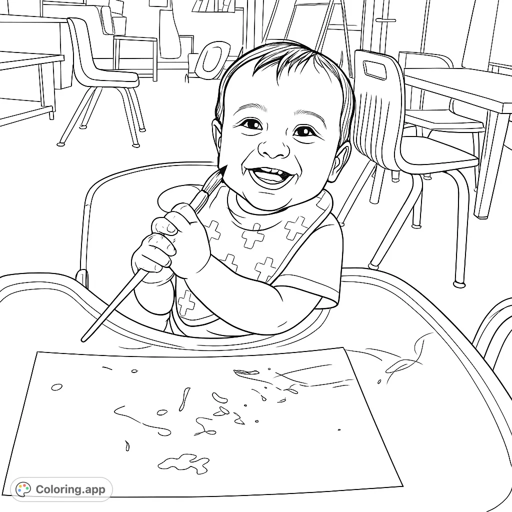 Capture the joy of a little artist! A smiling baby in a high chair holds a paintbrush, ready to create. Perfect for inspiring creativity and fun.