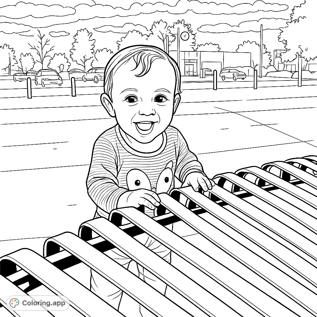 A delightful coloring page featuring a happy baby standing at a park bench, ready for a fun outdoor adventure. Perfect for young colorists!