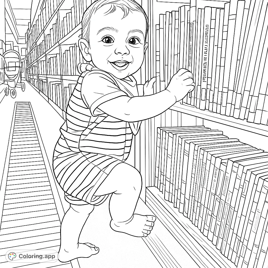 A delightful coloring page featuring a smiling baby exploring a library bookshelf, reaching for books. Perfect for young learners and book lovers.
