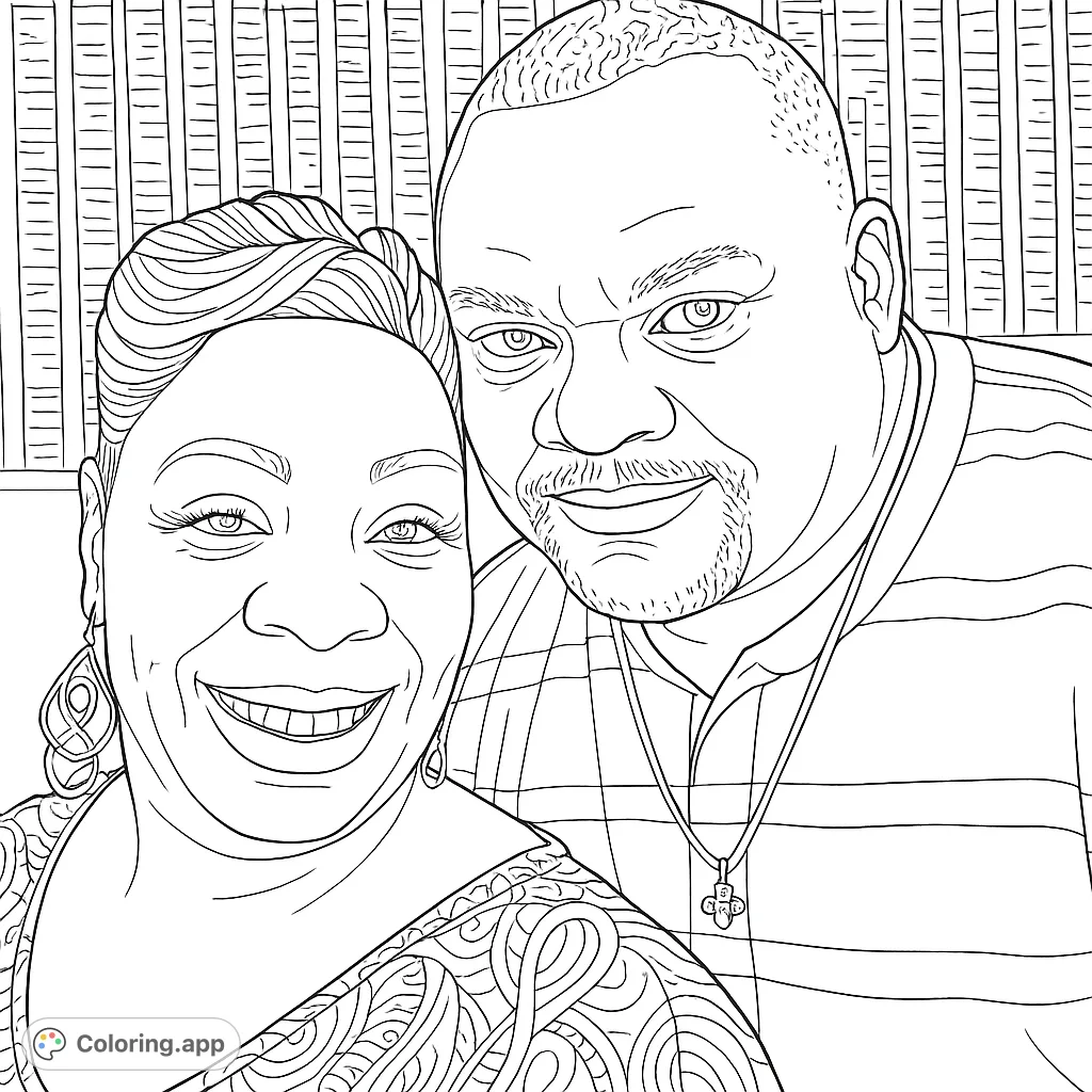 A heartwarming portrait of a smiling couple, perfect for a personalized coloring experience. Features detailed patterns and expressive faces.