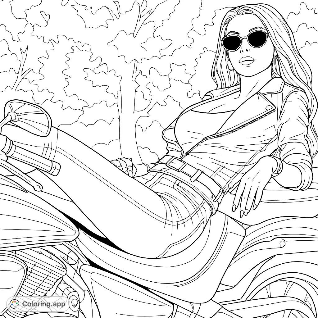 A stylish woman in a leather jacket poses confidently on a powerful motorcycle, set against a natural backdrop. Perfect for adult colorists.