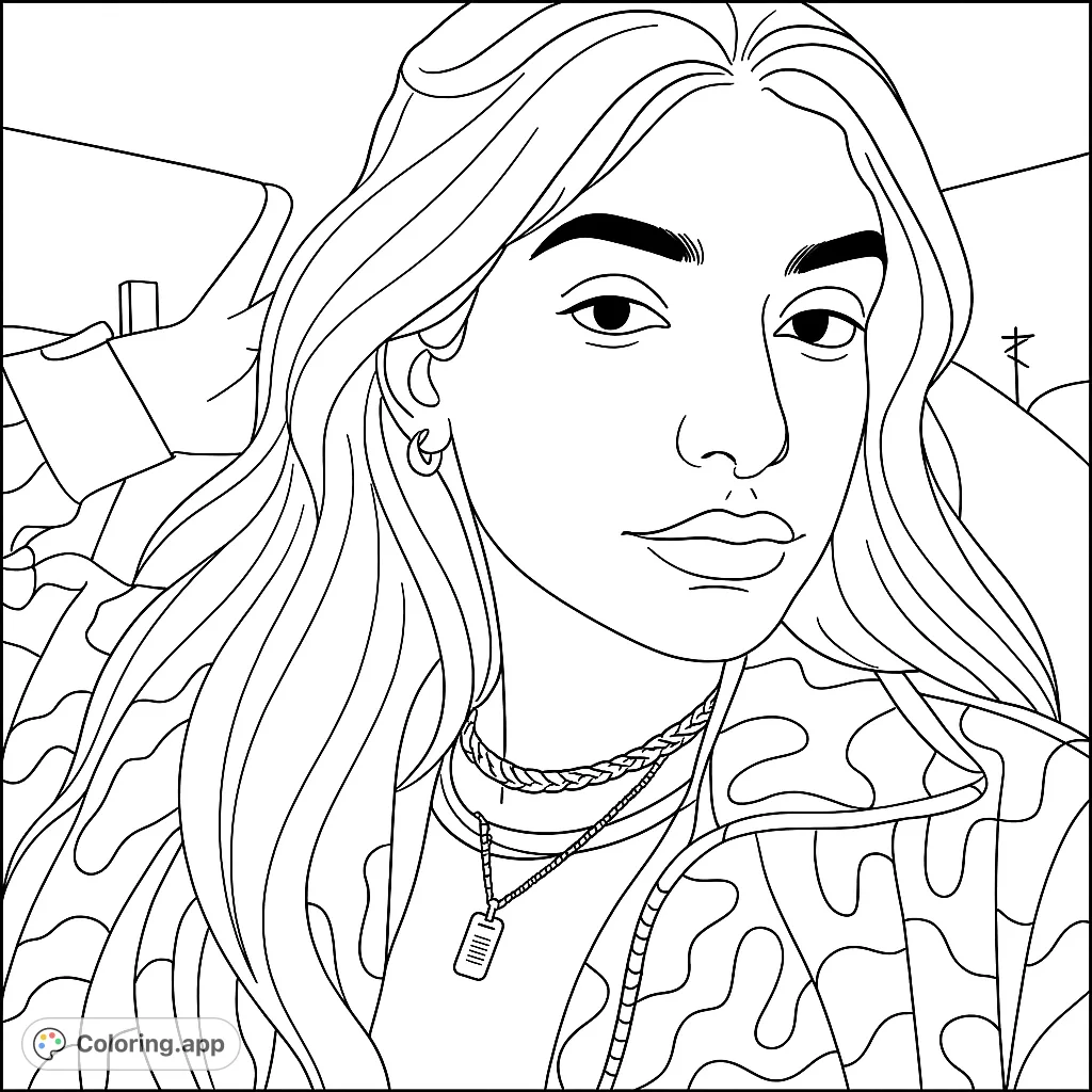 A stylish woman in a camouflage jacket, adorned with necklaces and earrings. This simple portrait offers a relaxing coloring experience for all ages.