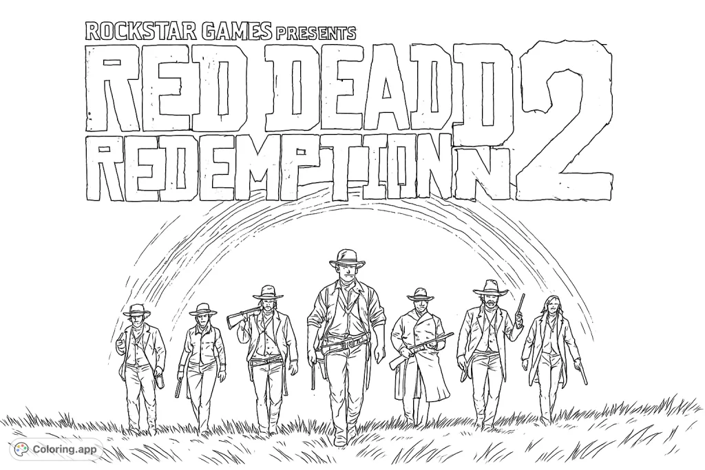 Seven rugged figures stand against a vast, textured sky, embodying the spirit of the frontier. A challenging and detailed Western outlaw coloring page.