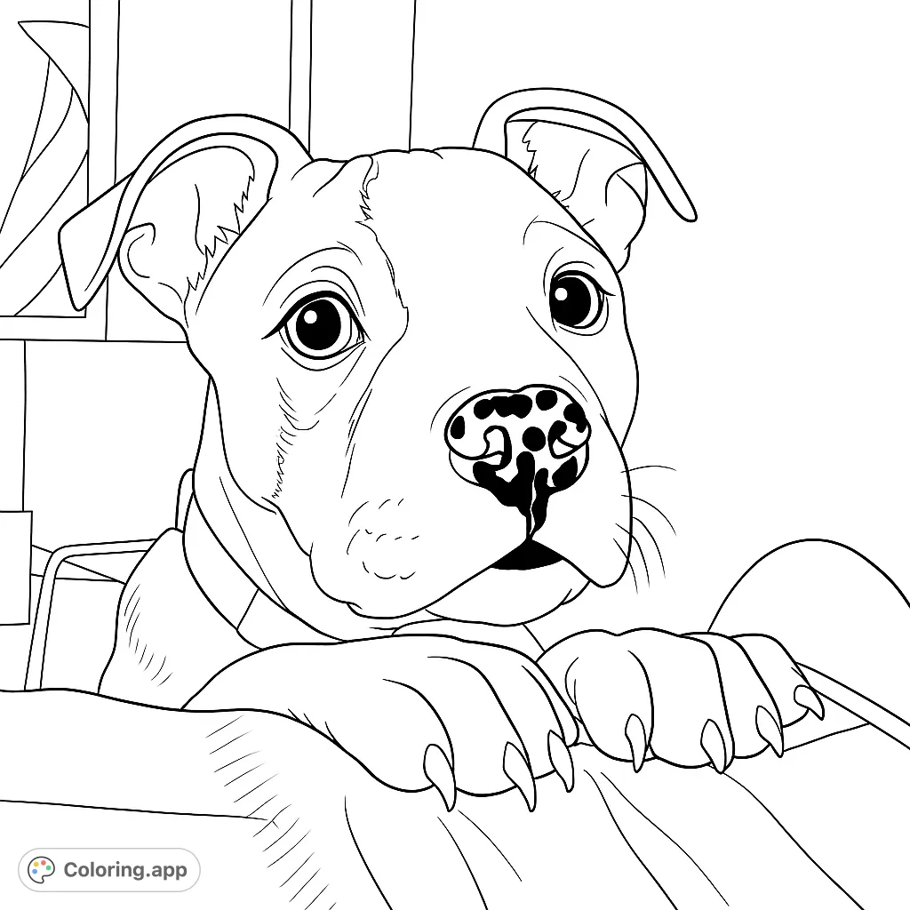 An endearing puppy with expressive eyes and a spotted nose rests its paws, inviting you to bring its charming personality to life with your colors.