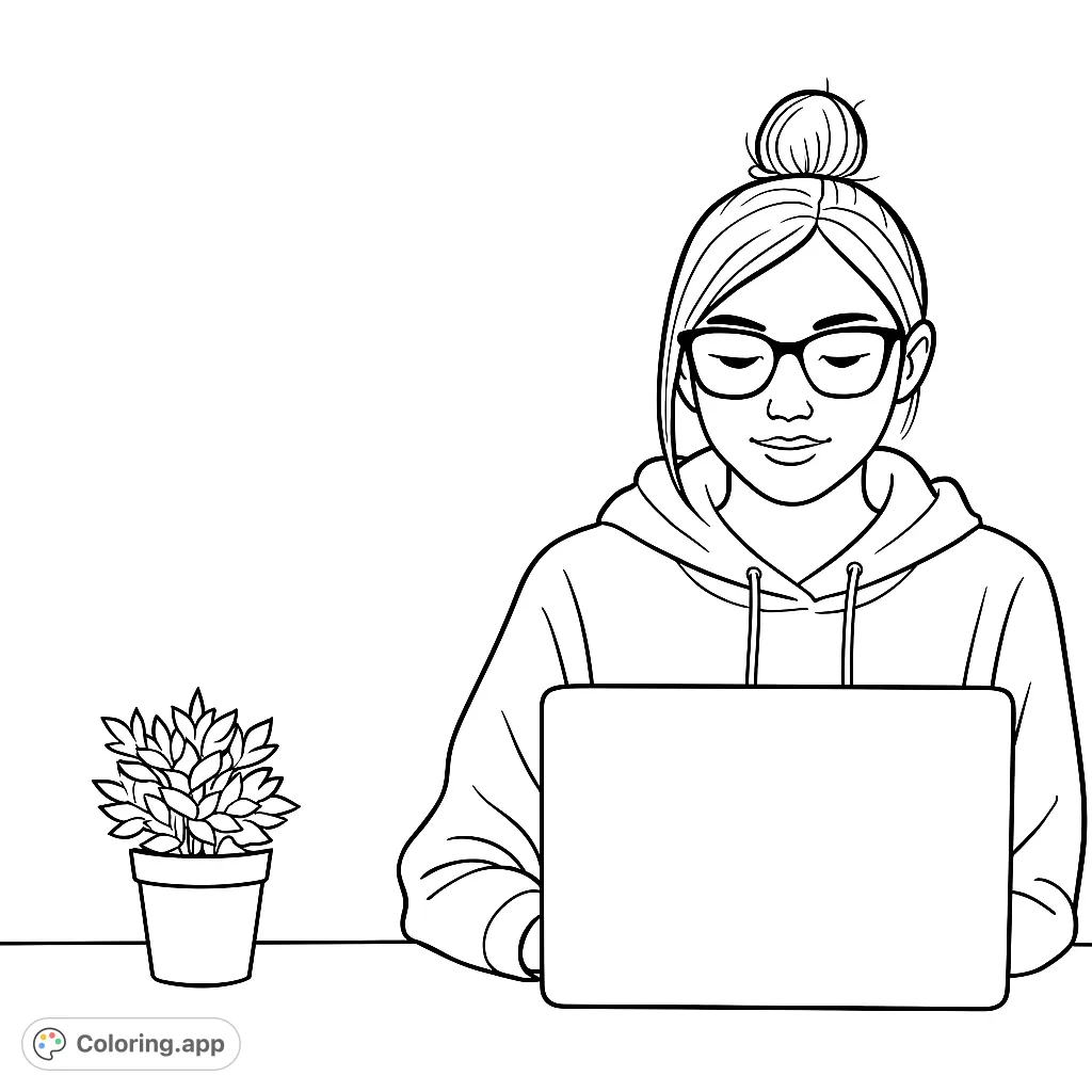 A focused young woman works on her laptop, with a small plant nearby. Perfect for students, tech enthusiasts, and anyone who loves a cozy work scene.