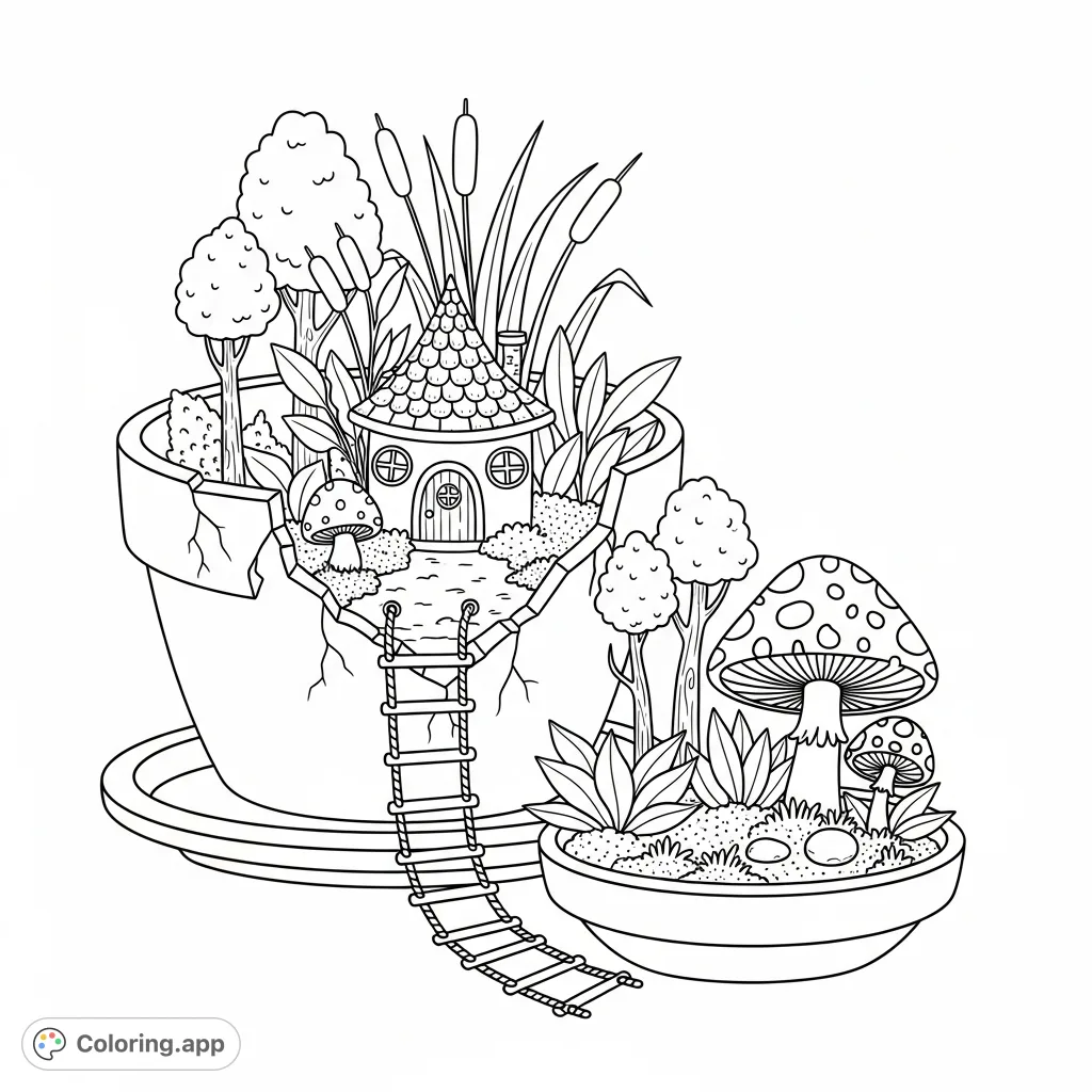Explore a charming fairy garden scene featuring a whimsical house inside a broken pot, surrounded by lush plants, mushrooms, and a rope ladder.
