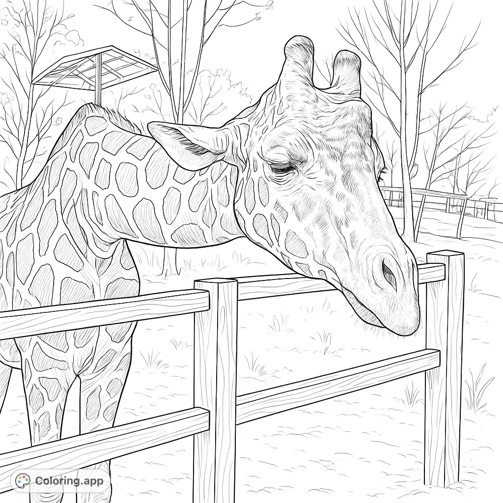 Encounter a magnificent giraffe up close! This detailed coloring page features a gentle giant peeking over a fence, set in a realistic wildlife park scene.