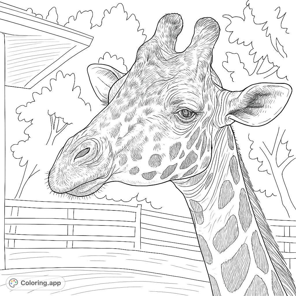 A detailed giraffe portrait, showcasing its unique patterns and gentle expression. Perfect for animal lovers and those seeking a realistic animal coloring page.