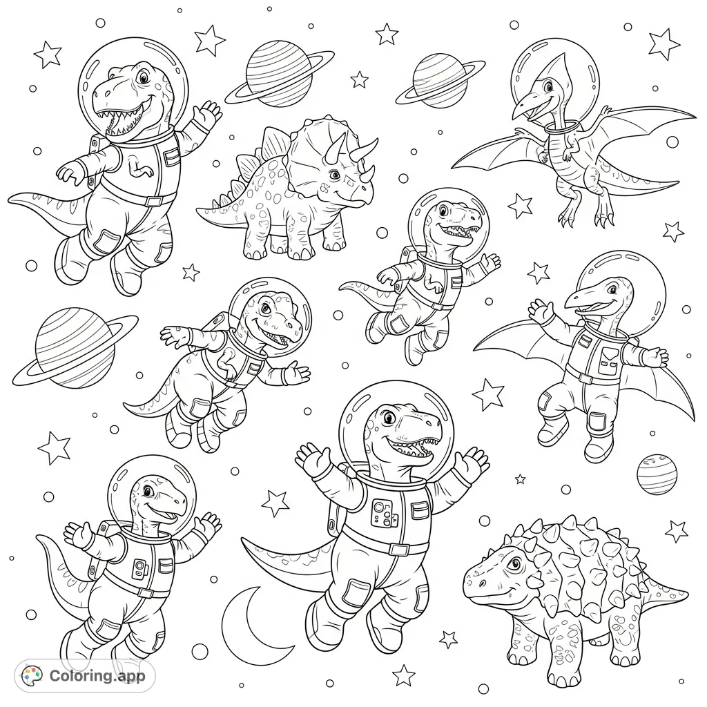 Explore the cosmos with a crew of friendly dinosaur astronauts! This fun coloring page features multiple prehistoric pals ready for an interstellar adventure.