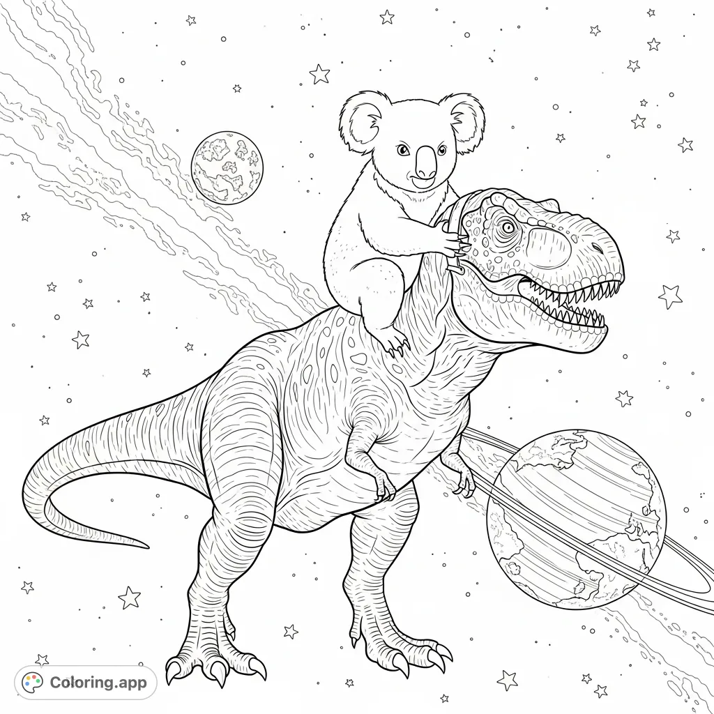 A whimsical scene featuring a koala bravely riding a mighty T-Rex through the cosmos, with a distant planet and stars in the background. A fun, adventurous coloring page.
