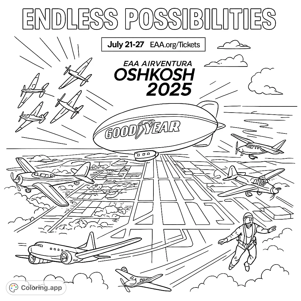 An exciting aviation coloring page featuring a blimp, multiple planes in formation, and various aircraft soaring above an airfield, perfect for enthusiasts.