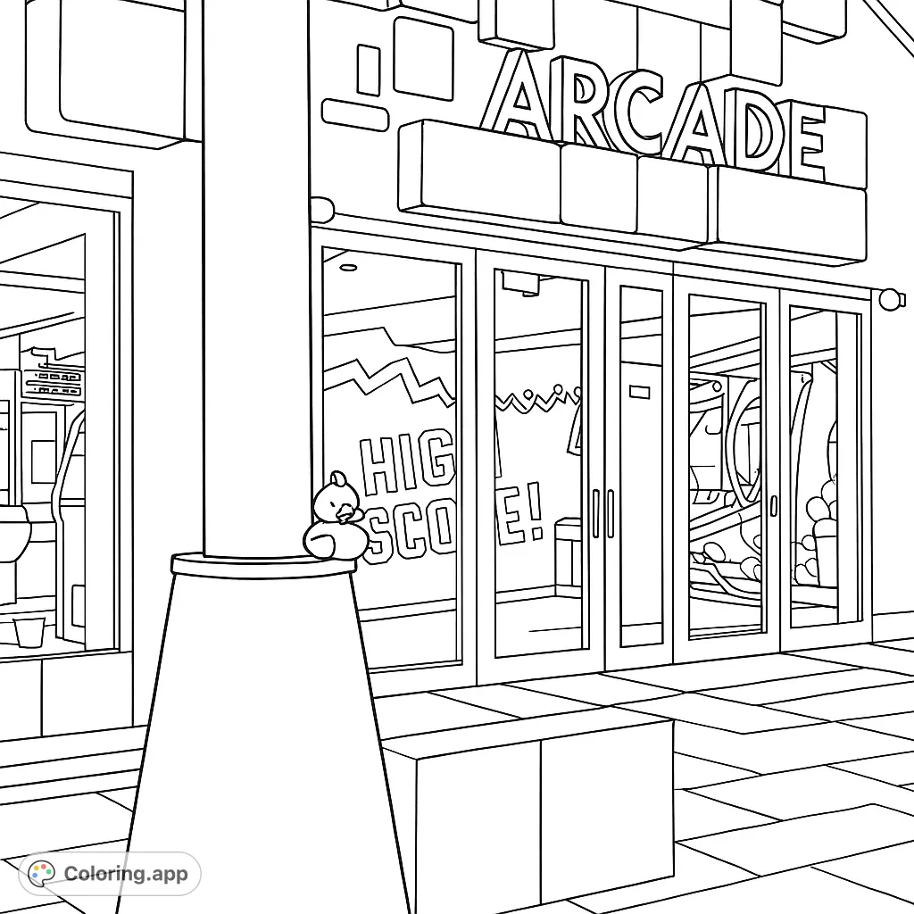 Step into a lively arcade with a prominent sign, exciting games, and a playful duck figure. A detailed, fun coloring page for all ages.