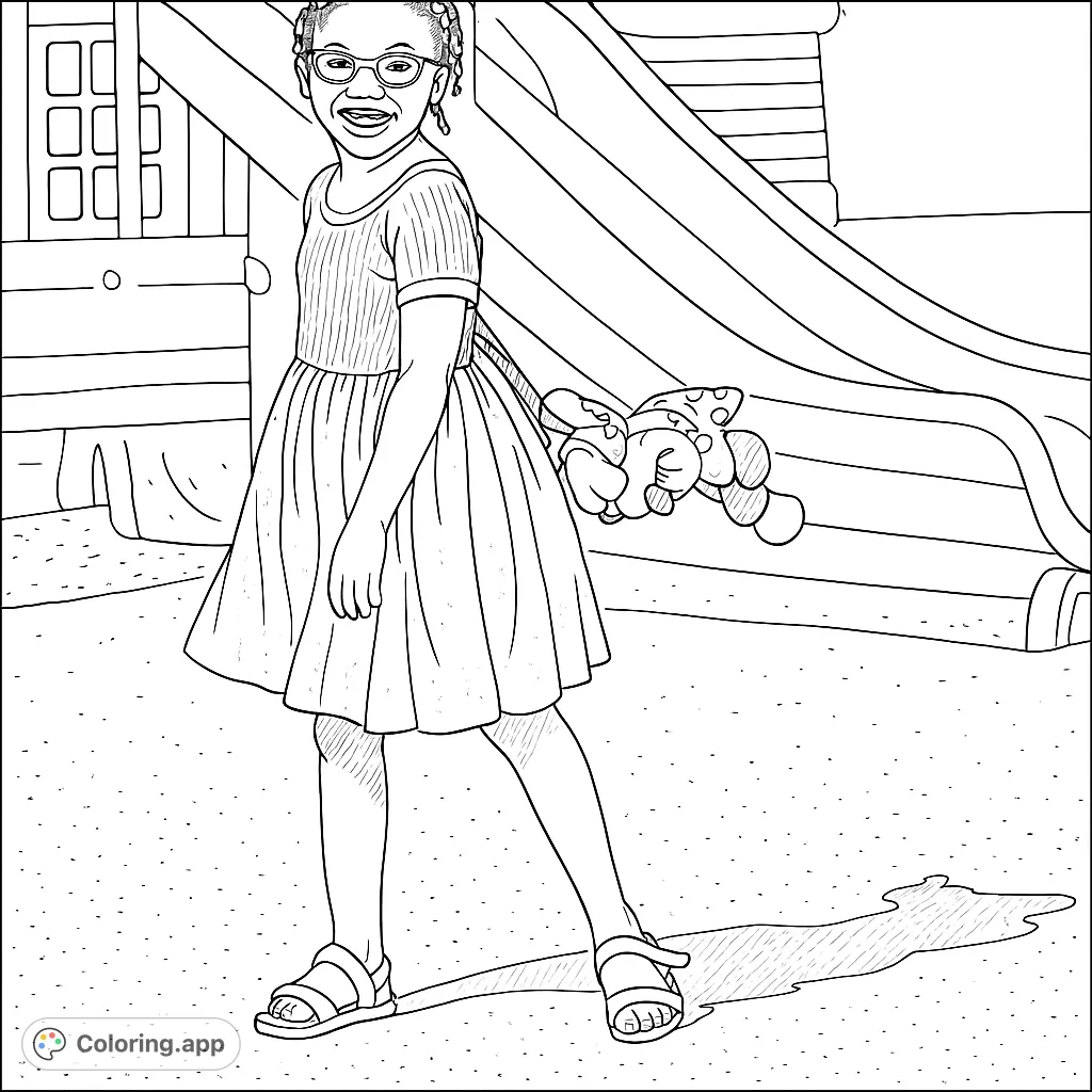 A joyful child holding a beloved plush toy at a playground, ready for a fun coloring adventure. Perfect for kids!