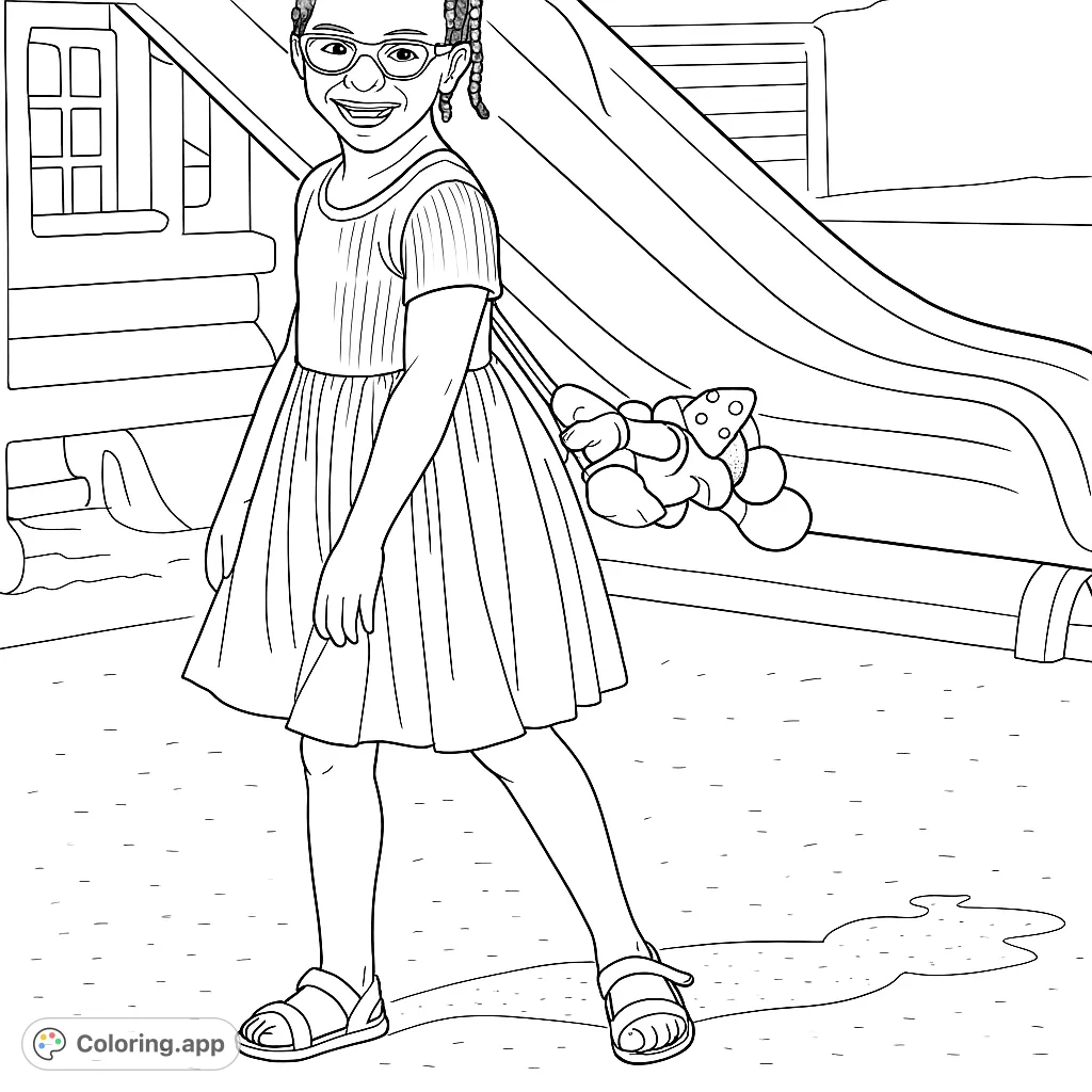 A cheerful girl with glasses and a plush toy enjoys a sunny day at the playground, featuring a large slide and textured ground. Perfect for young artists.